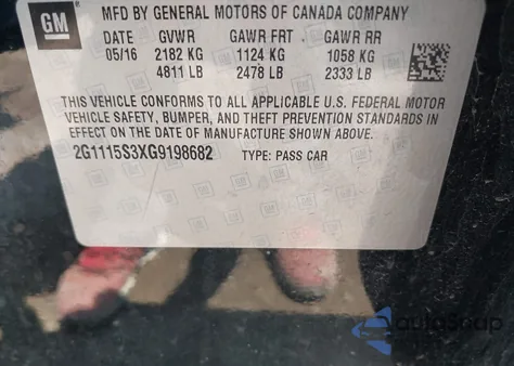 2016 Chevrolet Impala 2Lt из США, поврежденный, VIN 2G1115S3XG9198682